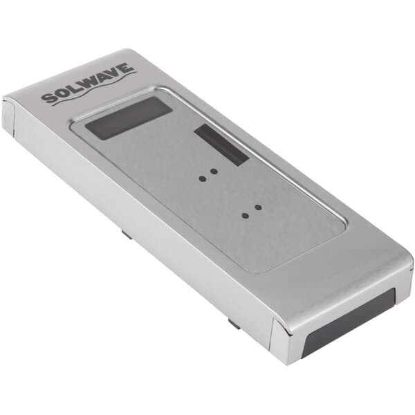 A silver Solwave control panel assembly with buttons.