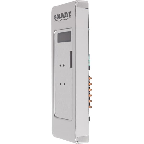 A white rectangular Solwave control panel with buttons and a screen.