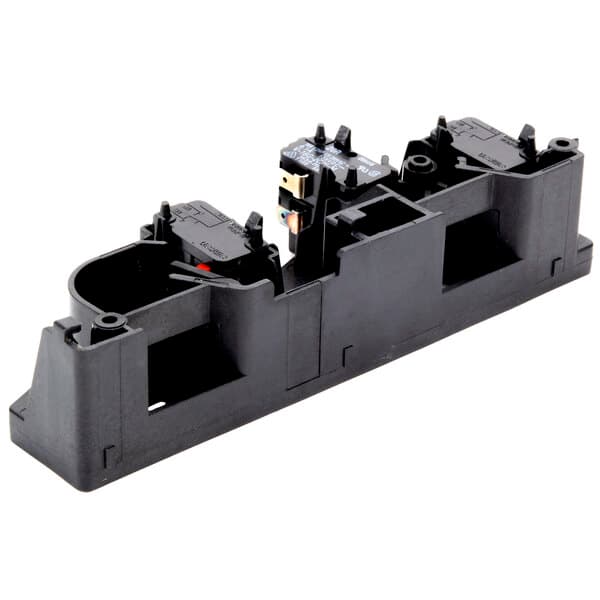 A black plastic Solwave door latch assembly with many holes.