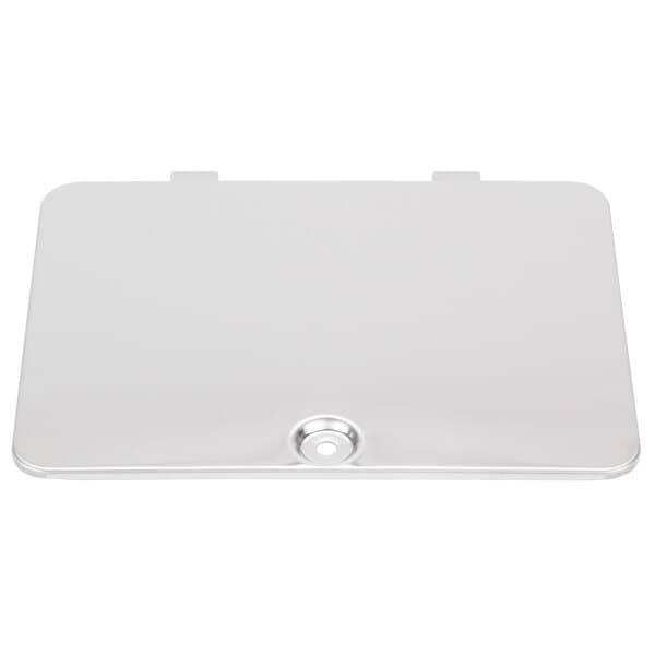 A white rectangular metal cover with a hole in it.