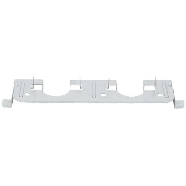 A white metal rectangular bracket with two holes.