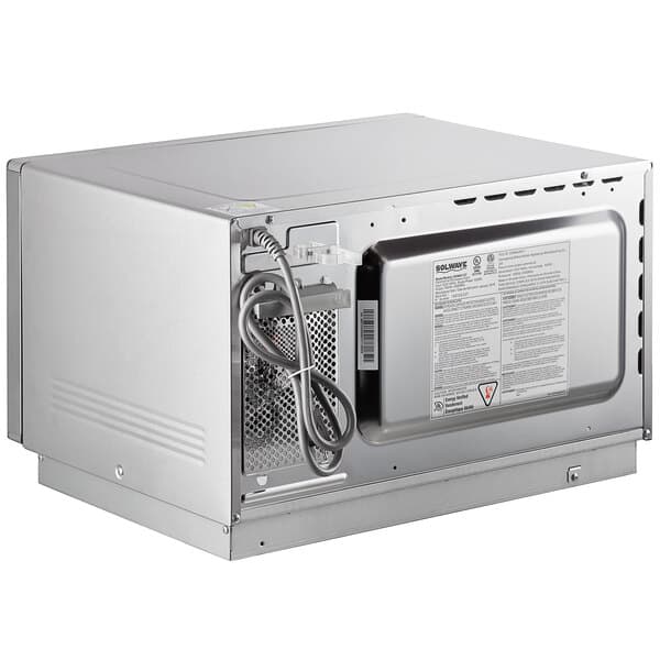 A silver Solwave commercial microwave with the door open.