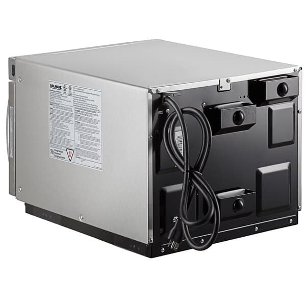 A close-up of a Solwave stainless steel commercial microwave with a black cord.