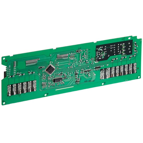 A close up of the green Solwave power switch control board with many small chips.