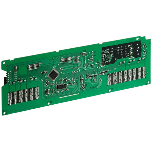 A close up of a green circuit board with many electronic components.