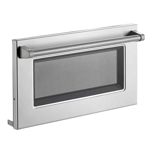 A Solwave stainless steel microwave door with a glass window.