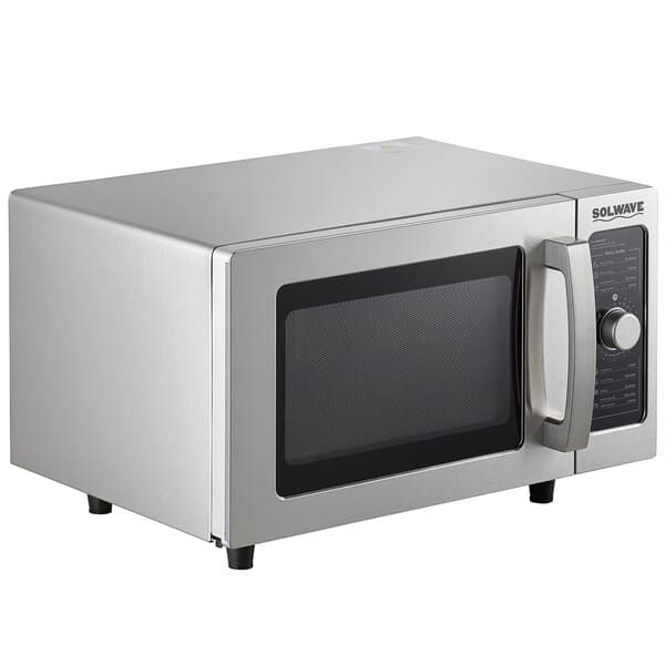 A Solwave stainless steel commercial microwave with a door open.