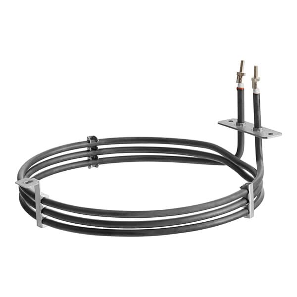 A circular black heating element with two metal holders on each side.