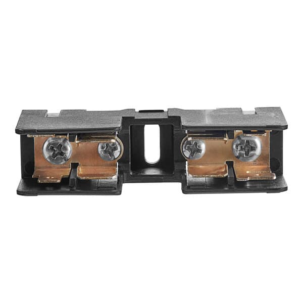 A black Solwave fuse holder with two screws and two black switches.