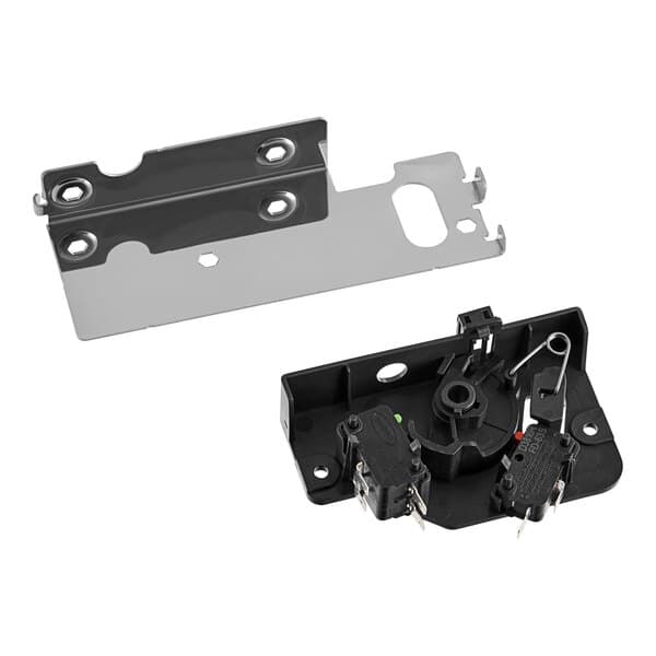 A black and silver Solwave left interlock door assembly with black and white electronic components.