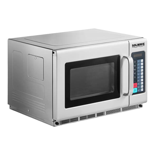 A stainless steel Solwave commercial microwave with a glass door.