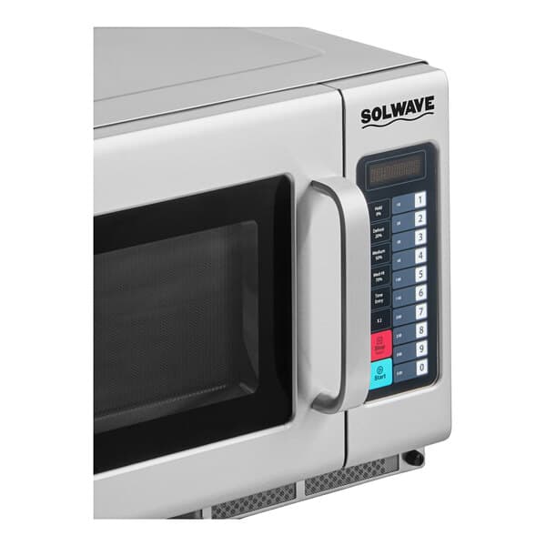 A Solwave commercial microwave with push button controls and a digital display.