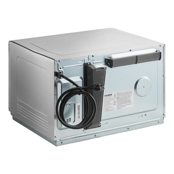 A silver Solwave commercial microwave with a black cord.
