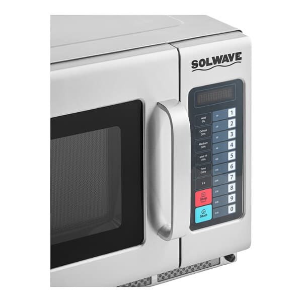 A Solwave commercial microwave with push button controls and a digital display.