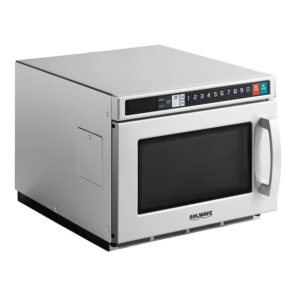 A Solwave stainless steel commercial microwave with a silver door and window.