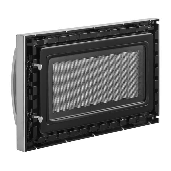 A replacement door assembly for a commercial microwave.