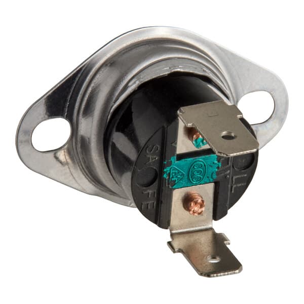 A high-limit thermostat for commercial microwaves with metal mounting plate and electrical terminals.
