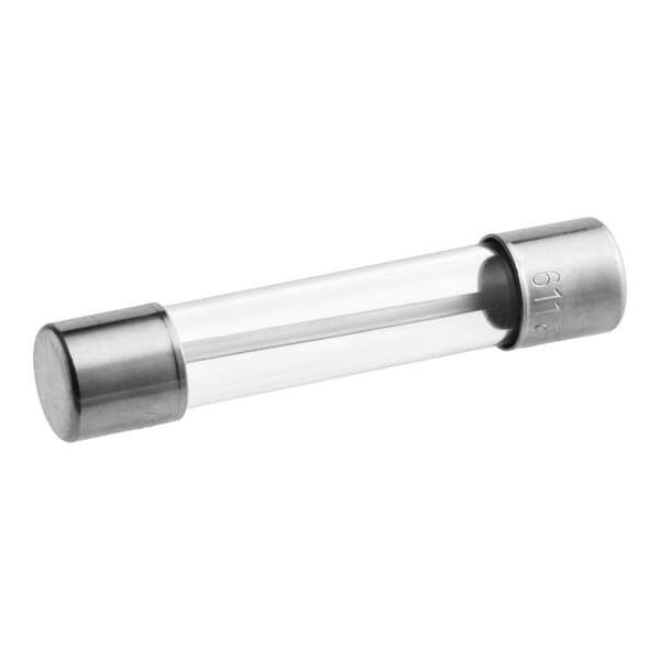 A glass tube fuse with metal end caps for commercial microwaves.