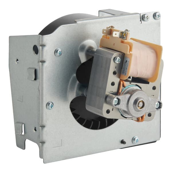 A metal left fan assembly designed for use in Solwave commercial microwaves.