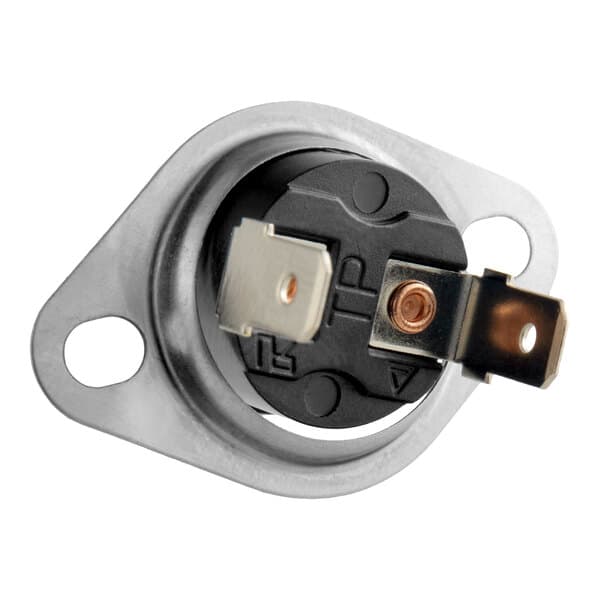 A high-limit thermostat for commercial microwaves with a metal mounting plate and two electrical terminals.