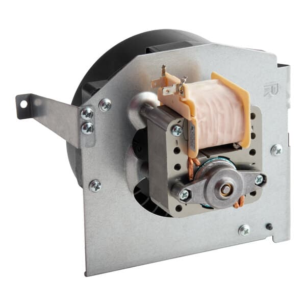 A right fan assembly for commercial microwaves, featuring a metal frame, motor, and fan blade.
