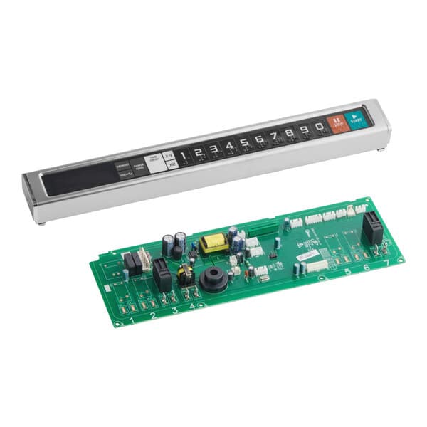A Solwave 180C026585219 control panel assembly for commercial microwaves, consisting of a keypad interface and a circuit board.